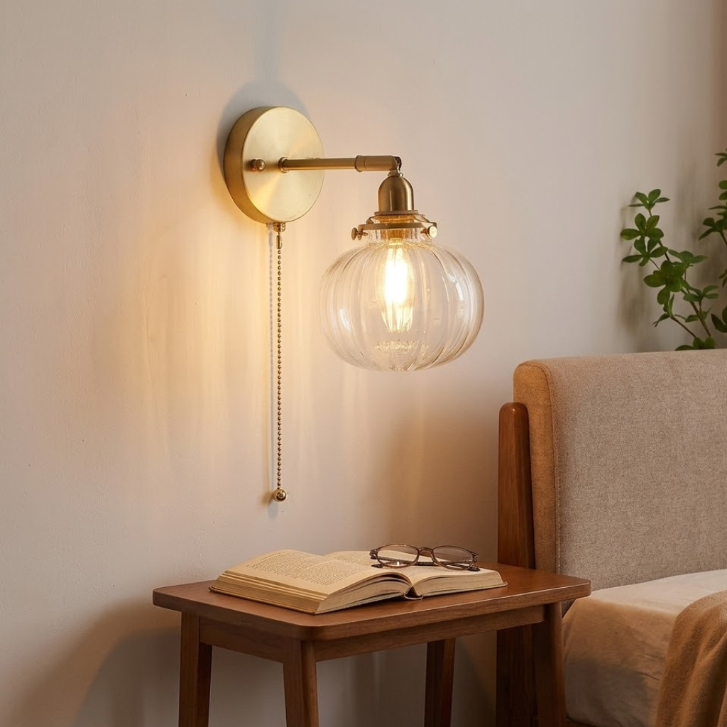applique murale laiton verre strié globe fond blanc chambre — Alenza