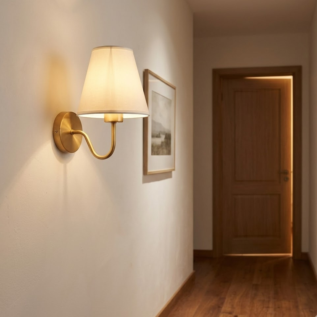 applique murale laiton abat-jour lin chambre fond clair — Alenza