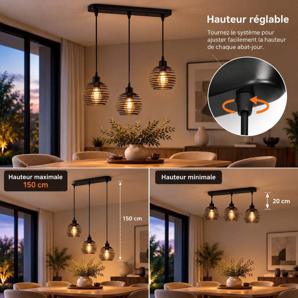 Suspension industrielle 3 abat-jour en métal noir  VARENO - Image 8
