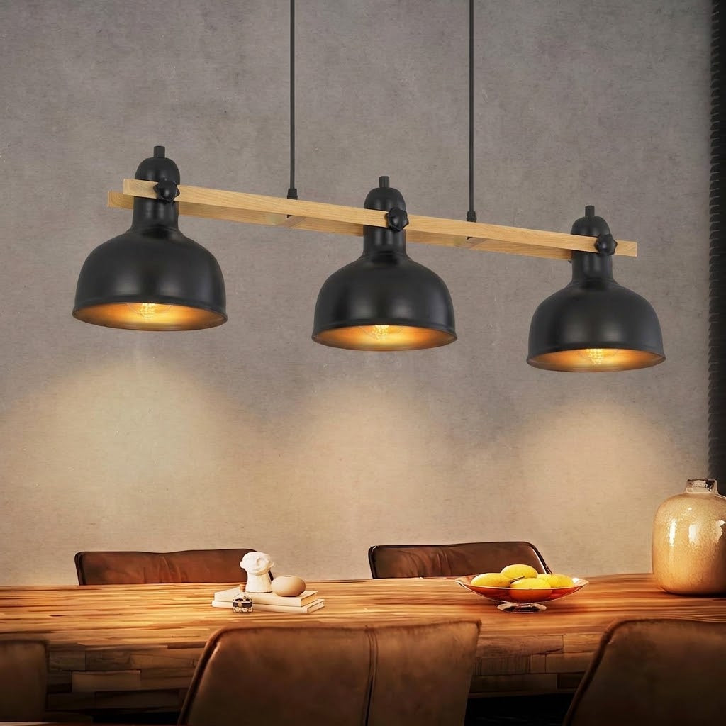 Suspension industrielle noir, métal noir et bois, hauteur ajustable NORVA