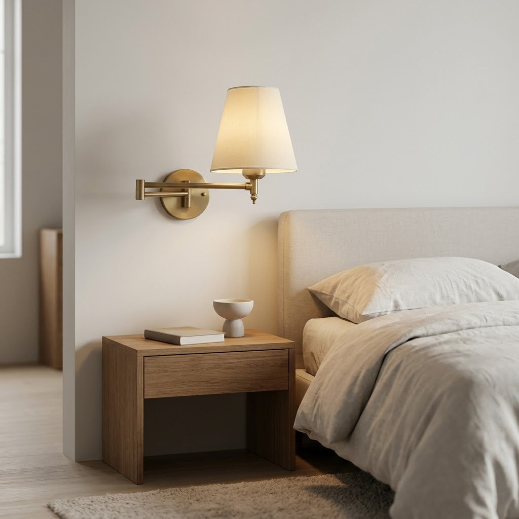 Applique lisuese murale avec bras articulé en laiton et abat-jour tissu LISANA
