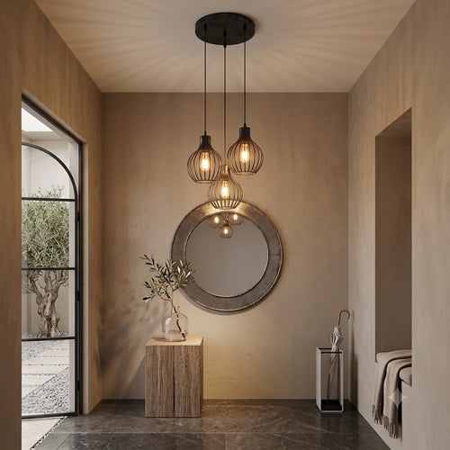 suspension industrielle trois foyers rosace ronde noir entrée avec miroir — Alenza