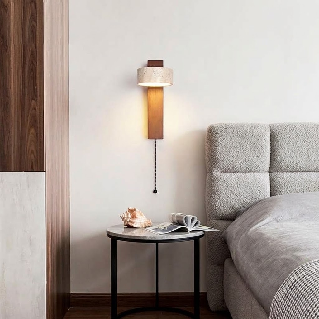 Applique murale bois massif, travertin, tête orientable et avec tirette KORVEN