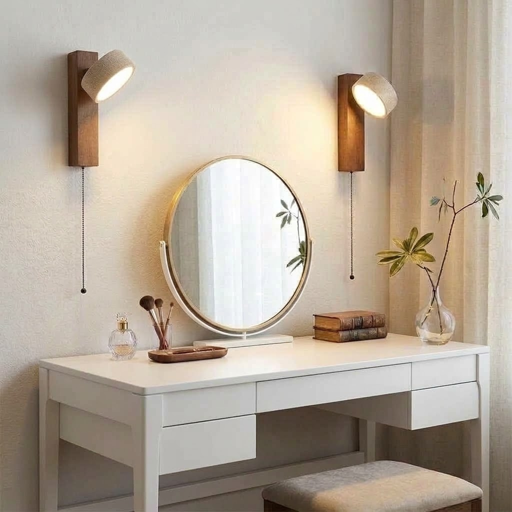 Applique murale bois massif, travertin, tête orientable et avec tirette KORVEN