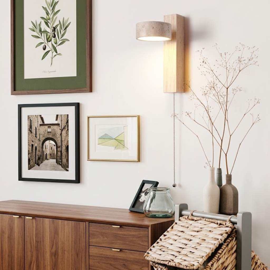 Applique murale bois massif, travertin, tête orientable et avec tirette KORVEN