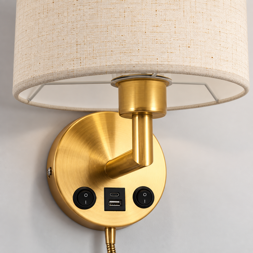 Applique murale liseuse en laiton, abat-jour tissu, ports USB et USB-C, MARELIA - Image 7