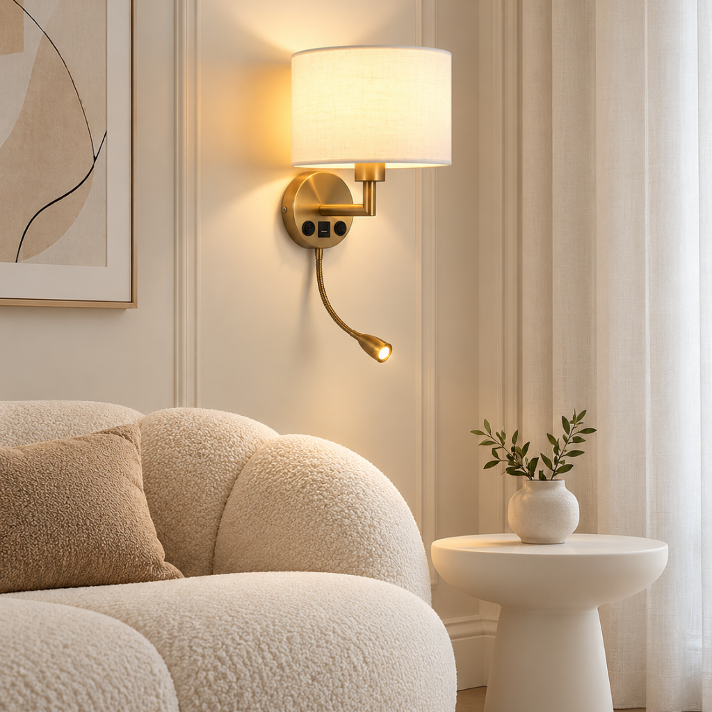 Applique murale liseuse en laiton, abat-jour tissu, ports USB et USB-C, MARELIA - Image 4