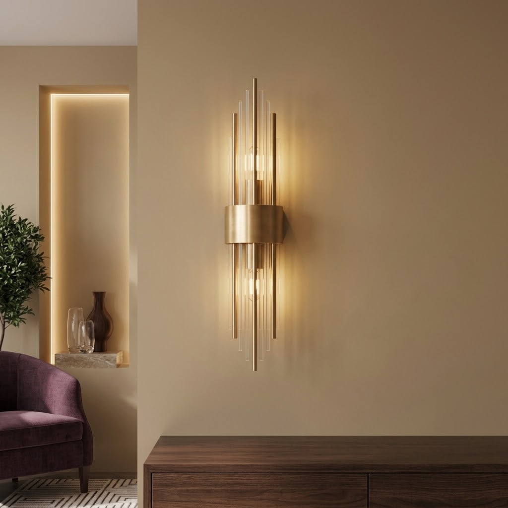 Applique murale Art déco, baguettes de verre et métal doré avec double éclairage SELIA
