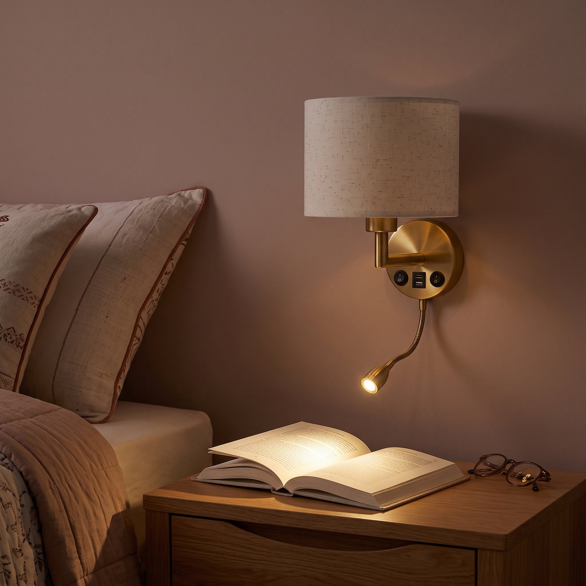applique murale liseuse laiton abat-jour tissu USB MARELIA vue 4 — Alenza