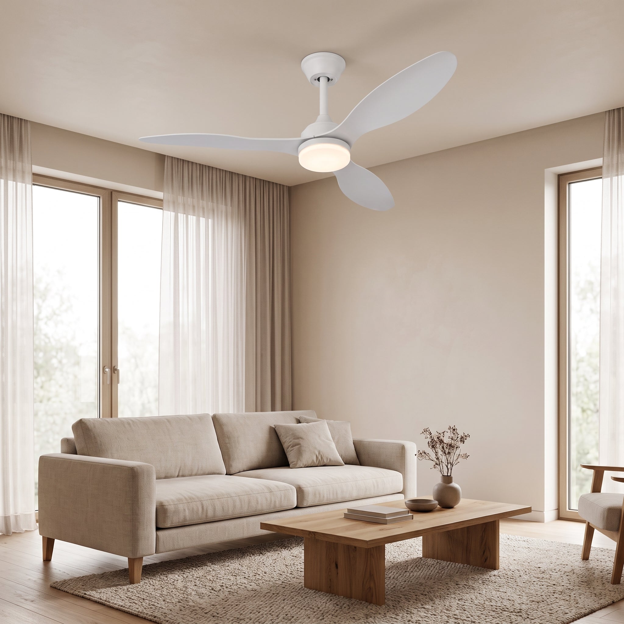 plafonnier ventilateur LED en situation dans un intérieur contemporain AERVIA — Alenza