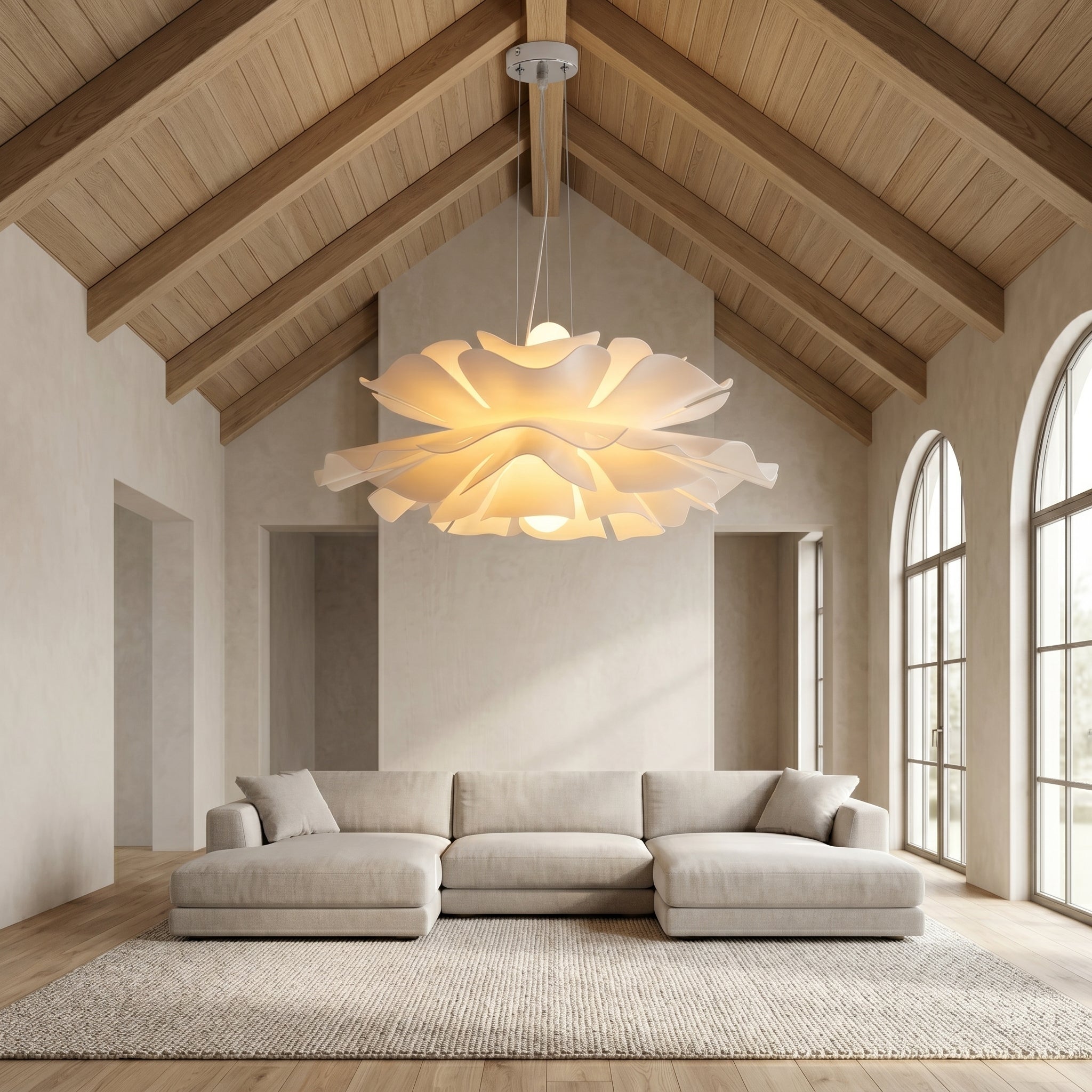 suspension fleur acrylique blanche suspendue dans un salon sous charpente — Alenza