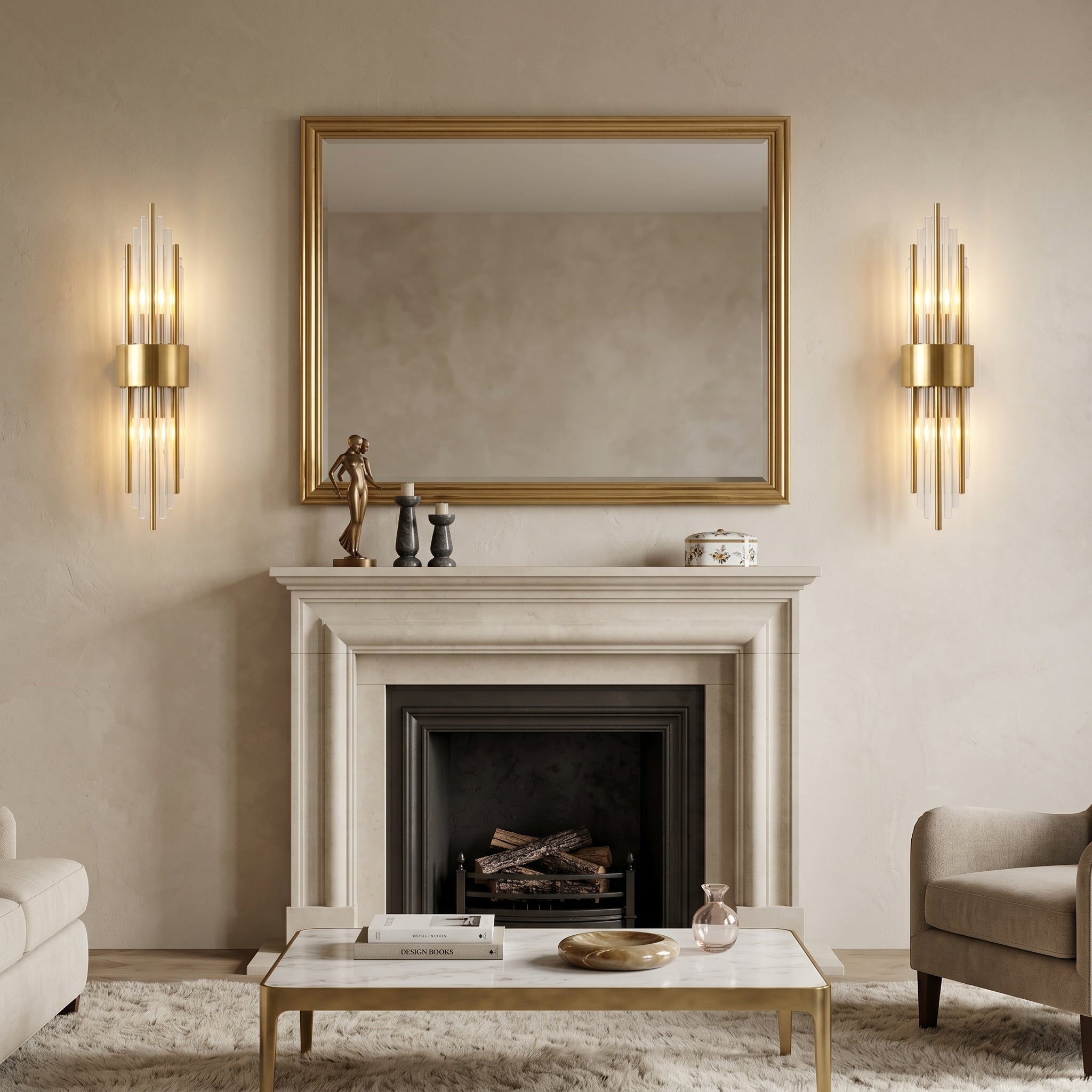 Applique murale Art déco, baguettes de verre et métal doré ou noir, double éclairage SELIA