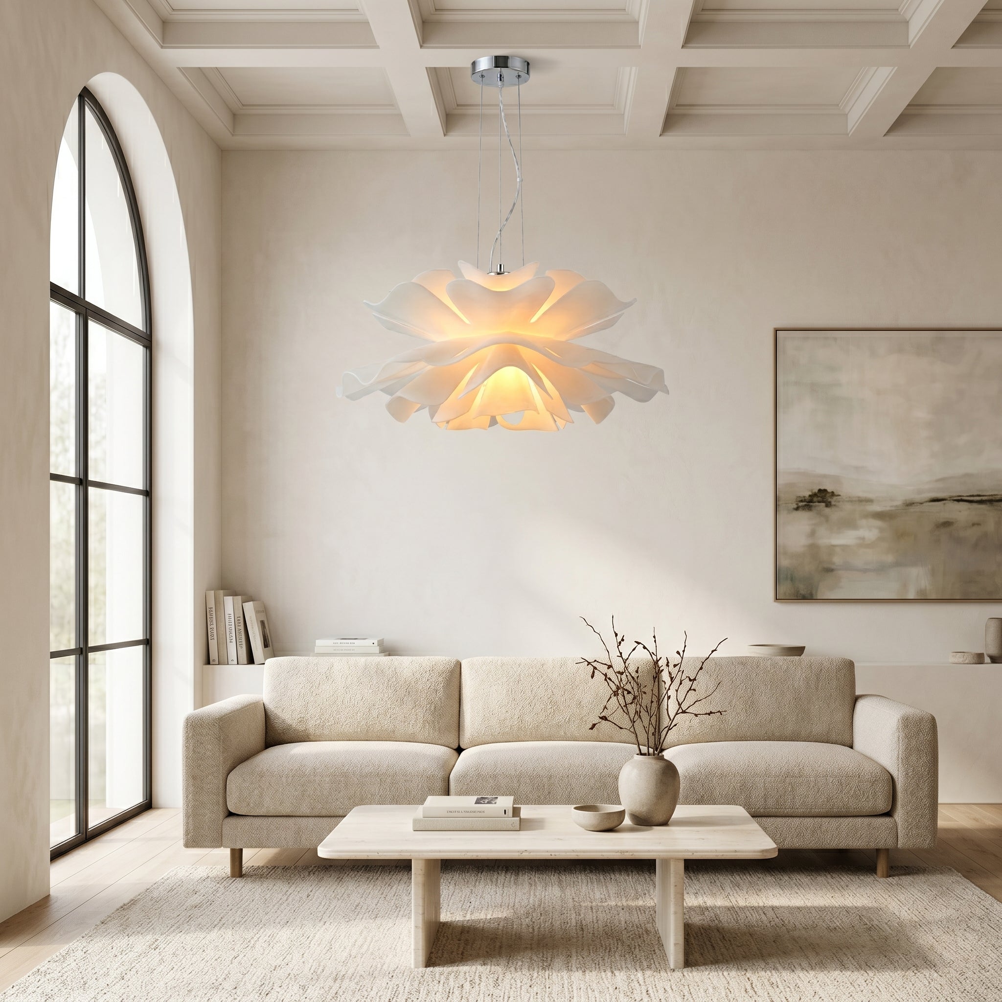 suspension fleur acrylique blanche allumée au-dessus d'un canapé dans un salon — Alenza