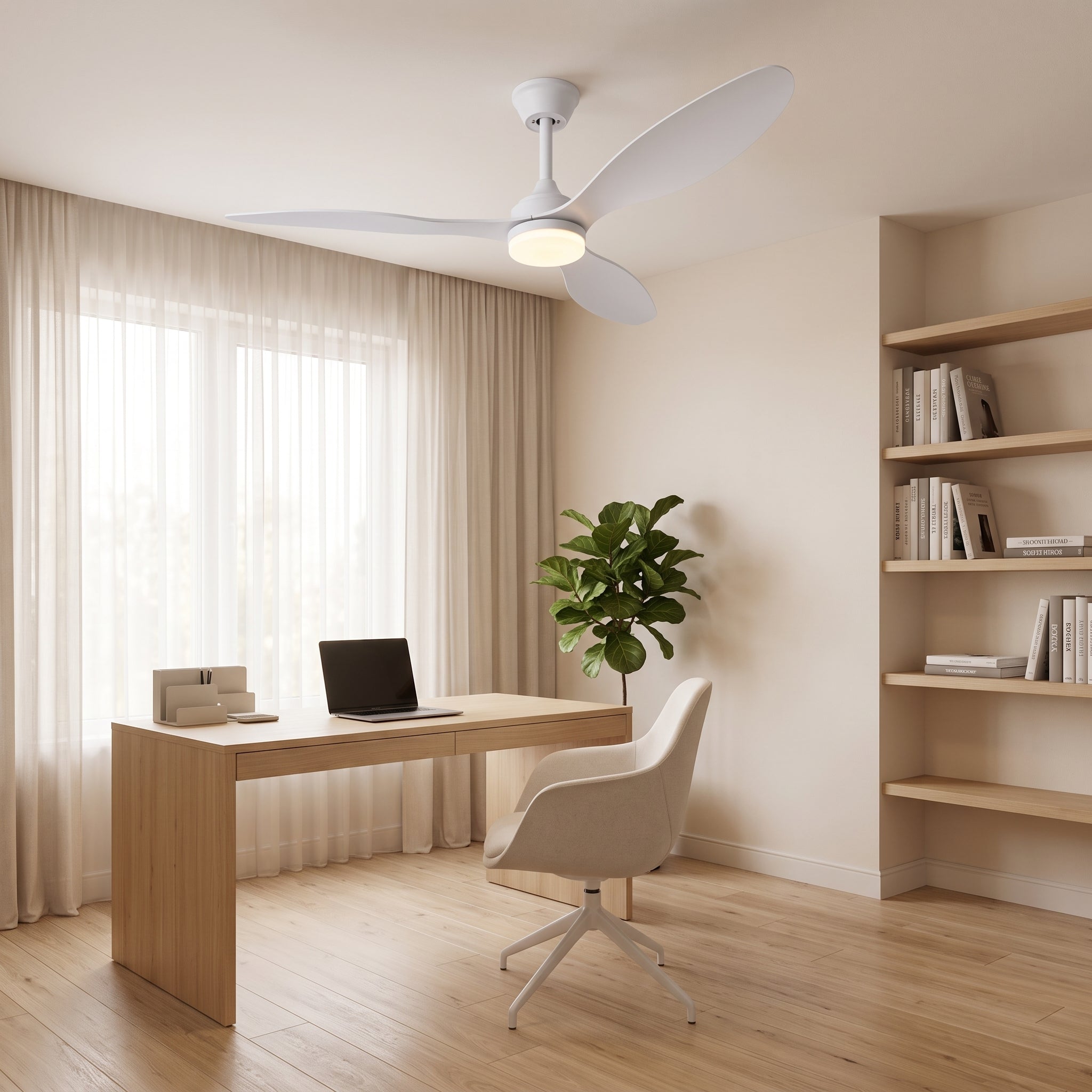 plafonnier ventilateur LED trois pales scène de vie intérieure AERVIA — Alenza