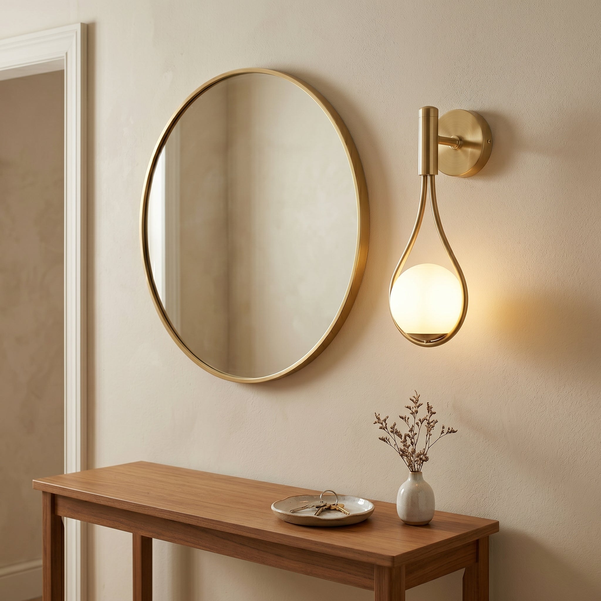 applique murale dorée silhouette goutte verre opalin salon — Alenza