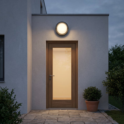 applique murale ronde extérieure détecteur aluminium NEVIO mise en situation 2 — Alenza