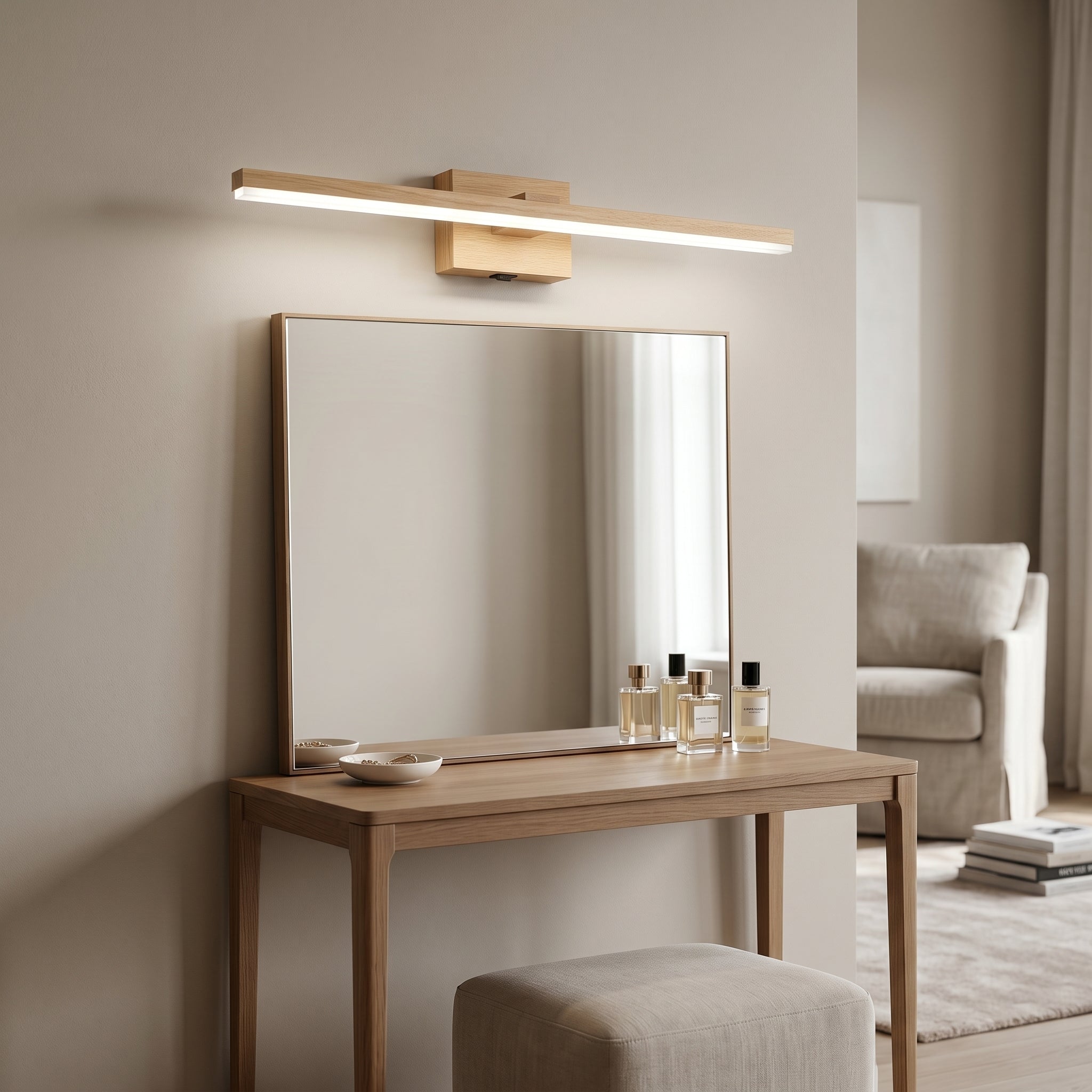 Applique salle de bain LED bois pour miroir, interrupteur intégré, IP44, OLVENA