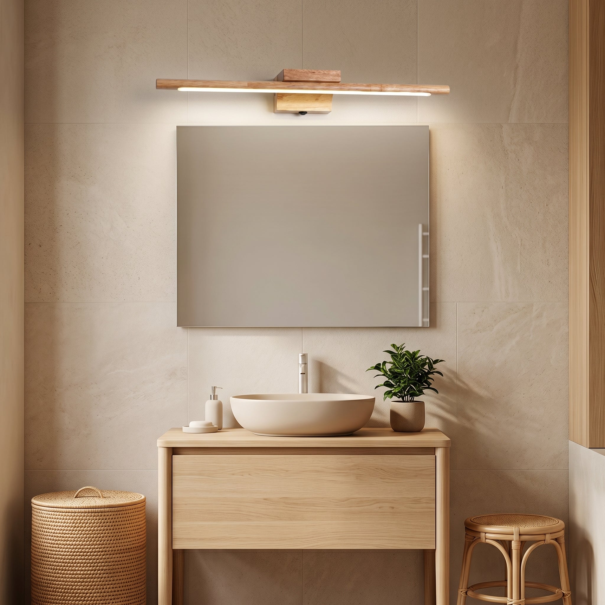 Applique salle de bain LED bois pour miroir, interrupteur intégré, IP44, OLVENA
