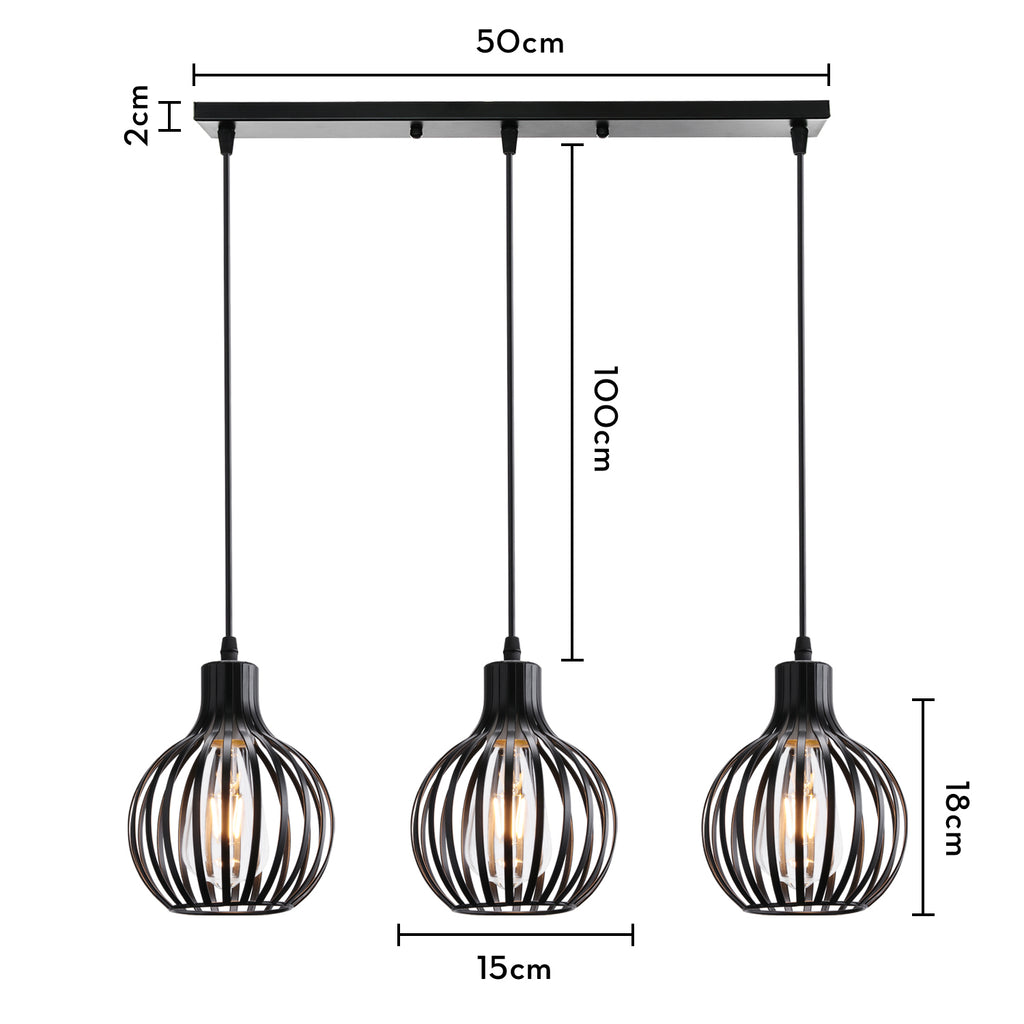 suspension industrielle trois foyers barre linéaire noir cotes et dimensions — Alenza