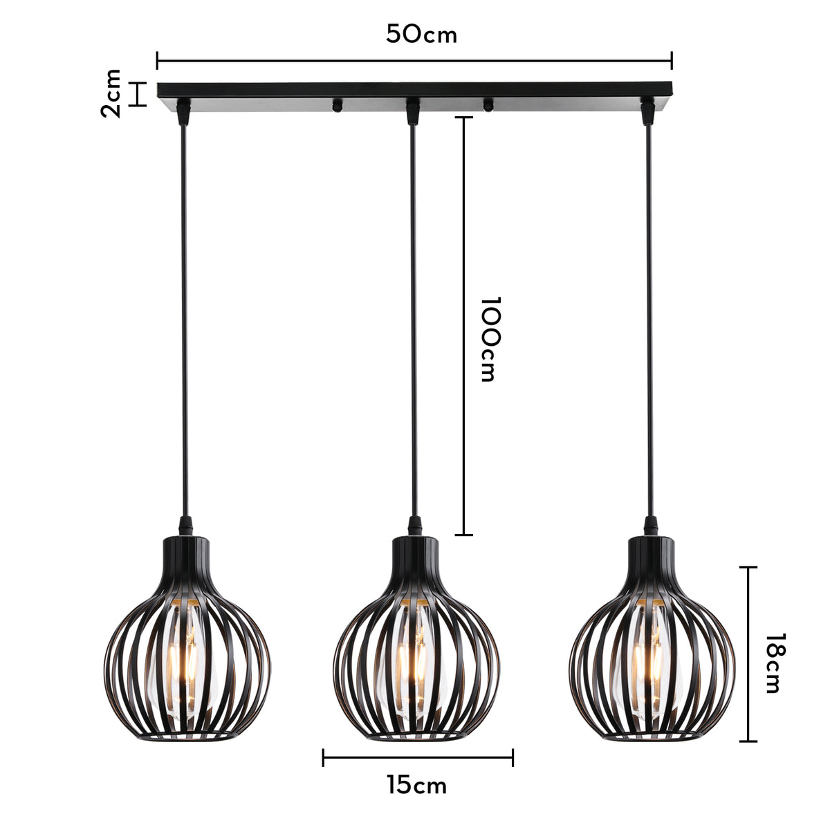 suspension industrielle trois foyers barre linéaire noir cotes et dimensions — Alenza