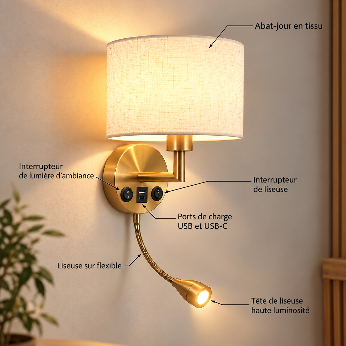Applique murale liseuse en laiton, abat-jour tissu, ports USB et USB-C, MARELIA - Image 6