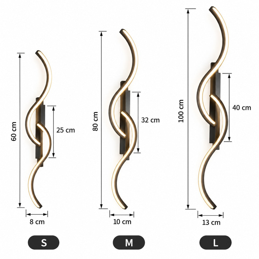 Grande applique murale LED noire design ondulé - dimensions comparatif