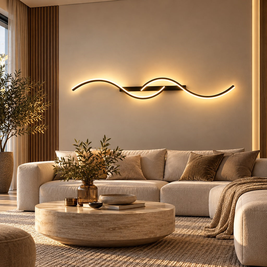 Grande applique murale LED noire design ondulé - salon