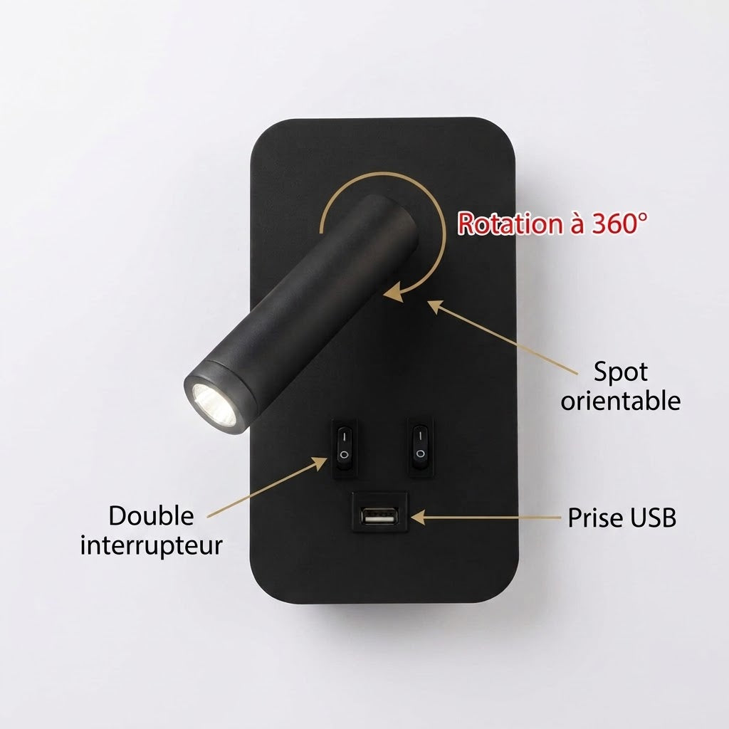 Applique murale liseuse en aluminium avec port USB de recharge — Alenza