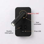 Applique murale liseuse en aluminium avec port USB de recharge — Alenza