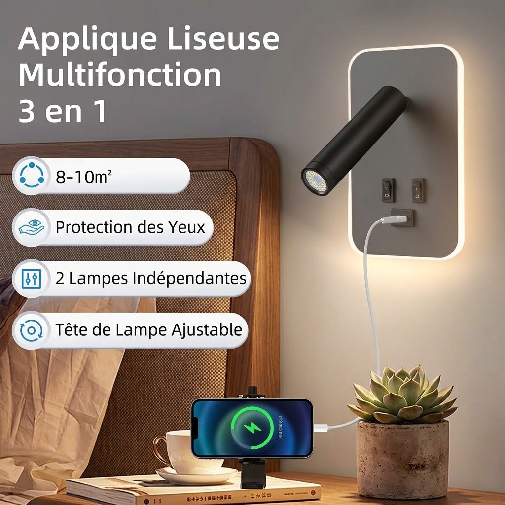 Applique liseuse de chevet, spot orientable pour la lecture au lit — Alenza