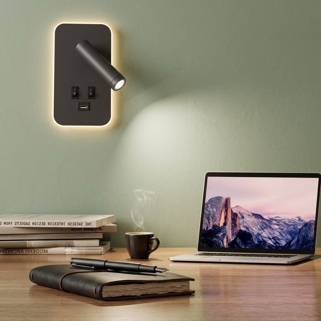 Applique murale liseuse noire allumée près d'un bureau, mur vert — Alenza