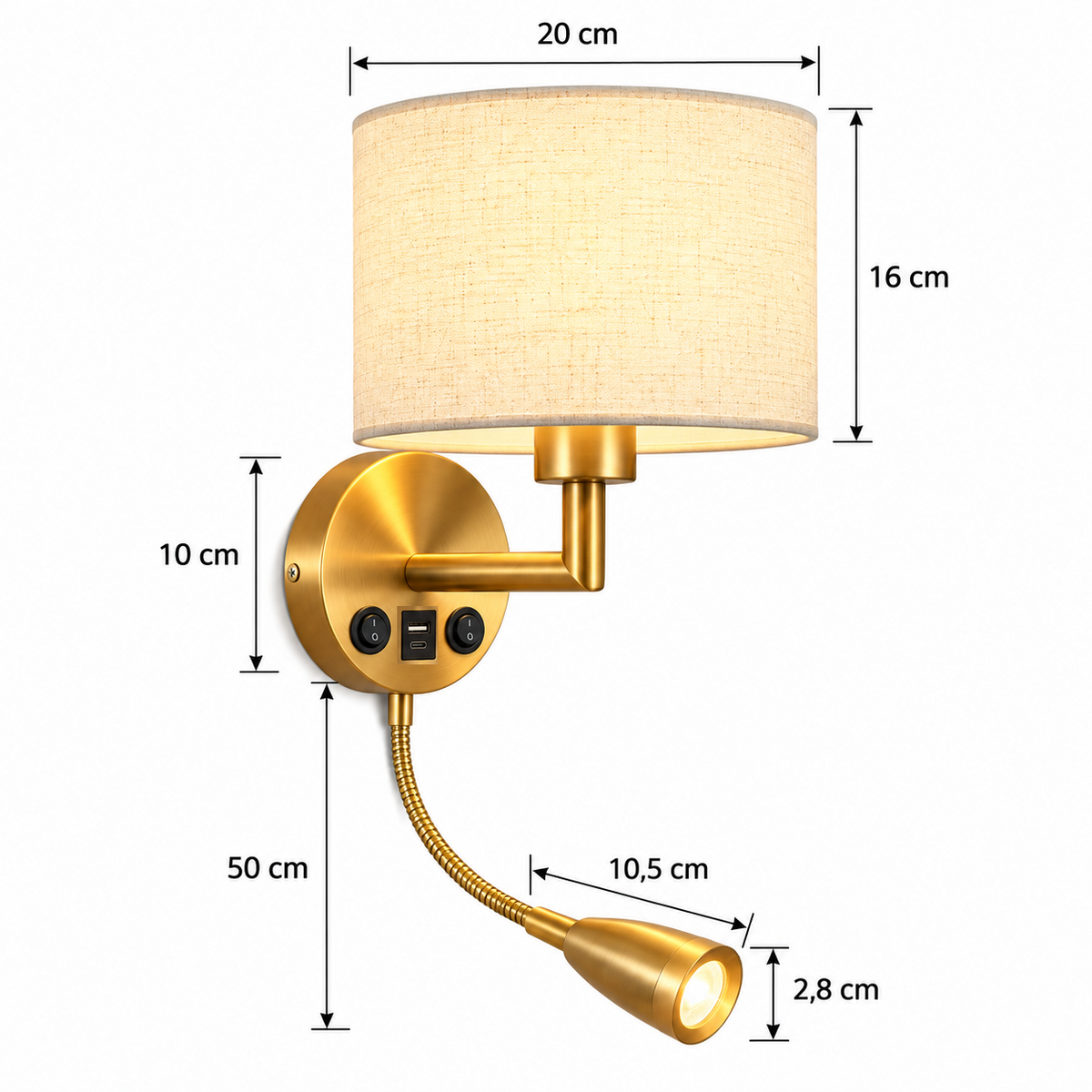 Applique murale liseuse en laiton, abat-jour tissu, ports USB et USB-C, MARELIA - Image 11