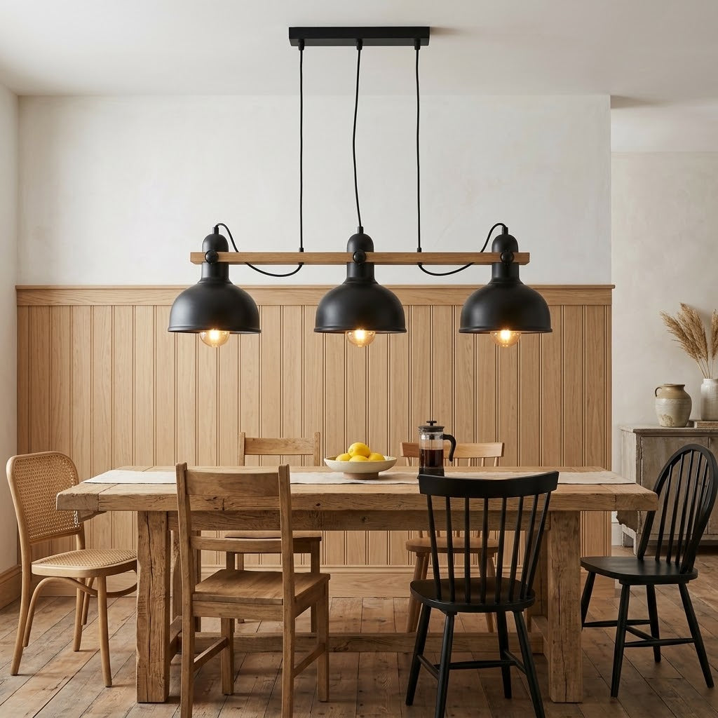 Suspension industrielle noir, métal noir et bois, hauteur ajustable NORVA