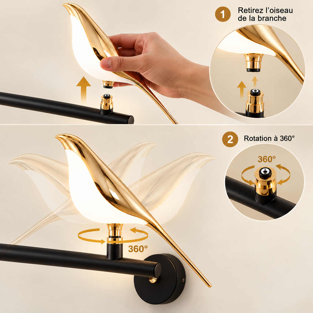 Applique murale LED dorée design orientable en forme d'oiseau SELENA