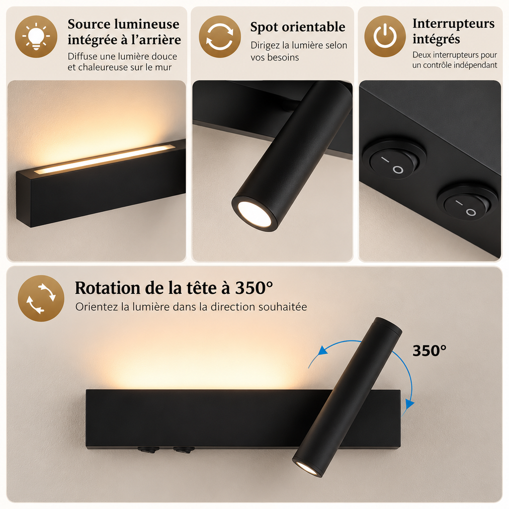 Applique murale liseuse LED double éclairage avec spot articulé ARIA - Image 7