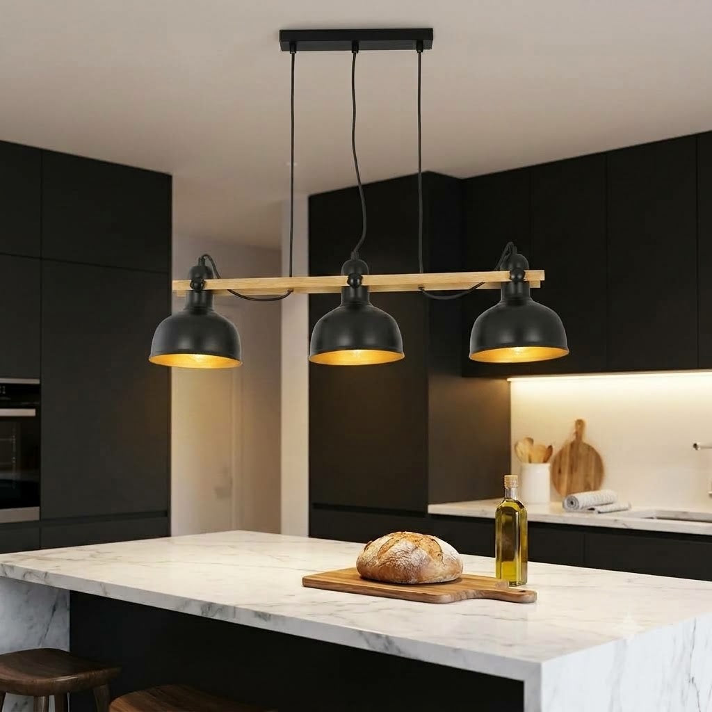 Suspension industrielle trois cloches en métal noir et barre de bois — Alenza