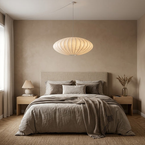 Suspension ovale NIMBUS en résine effet soie au-dessus d'un lit, chambre beige épurée — Alenza