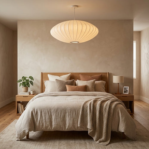 Suspension NIMBUS effet cocon dans une chambre aux tons terracotta, au-dessus d'un lit bois — Alenza