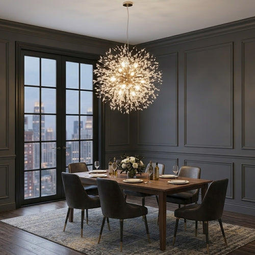 suspension pissenlit cristal doré salle à manger vue sur la ville — Alenza