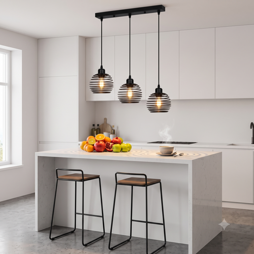 suspension trio cage métal noire, îlot de cuisine moderne — Alenza