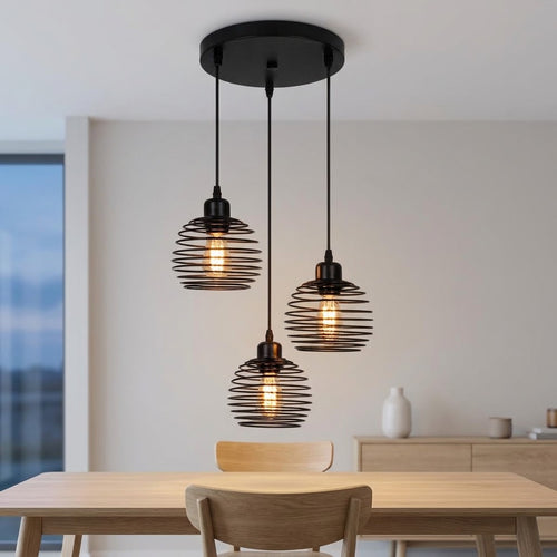 suspension trio cage métal noire, salle à manger scandinave épurée — Alenza