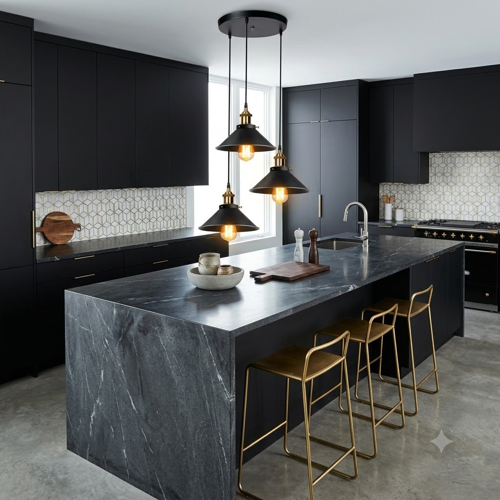 suspension trio noir et laiton, cuisine noire marbre moderne — Alenza