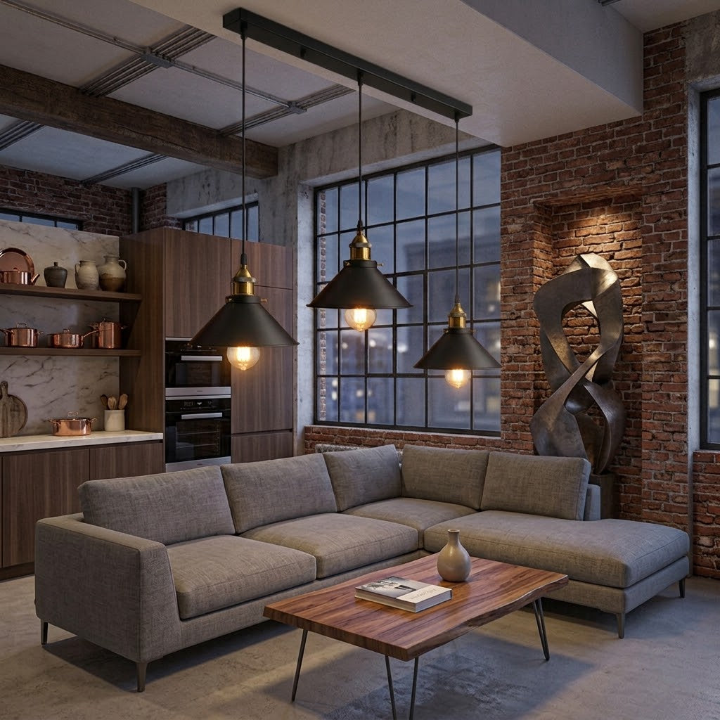 suspension trio noir et laiton, loft industriel salon cuisine — Alenza