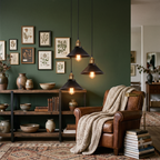 suspension trio noir et laiton, salon cosy mur vert — Alenza