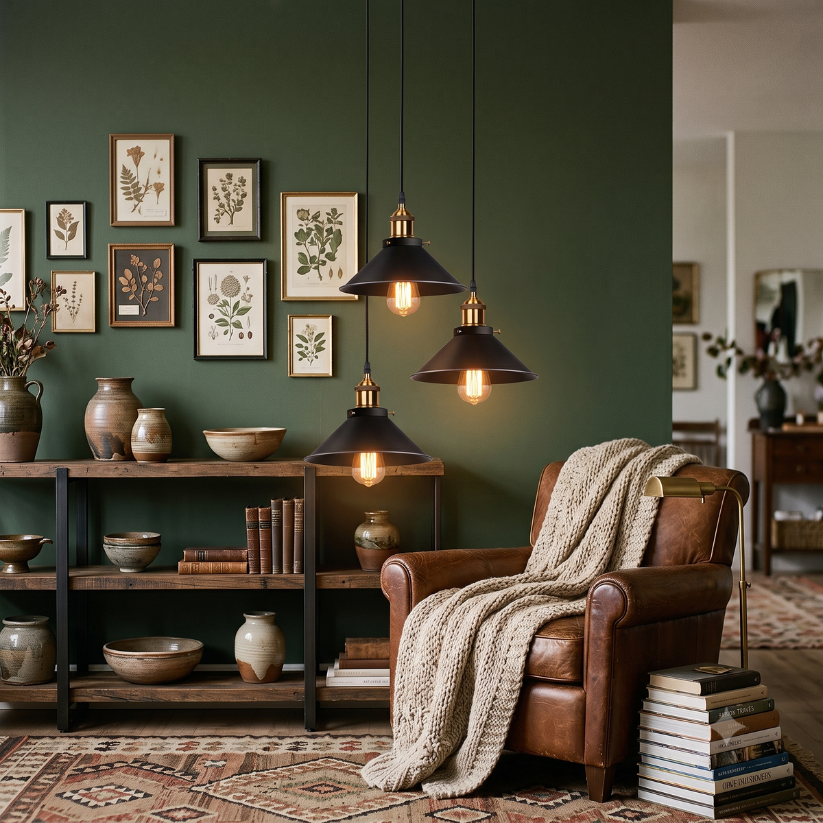 suspension trio noir et laiton, salon cosy mur vert — Alenza